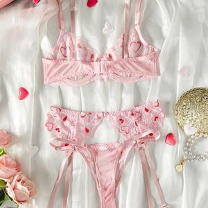 Ensemble de lingerie sexy en dentelle respirante et confortable pour femme, ensemble trois pièces en maille, vente en gros - Product Image 2