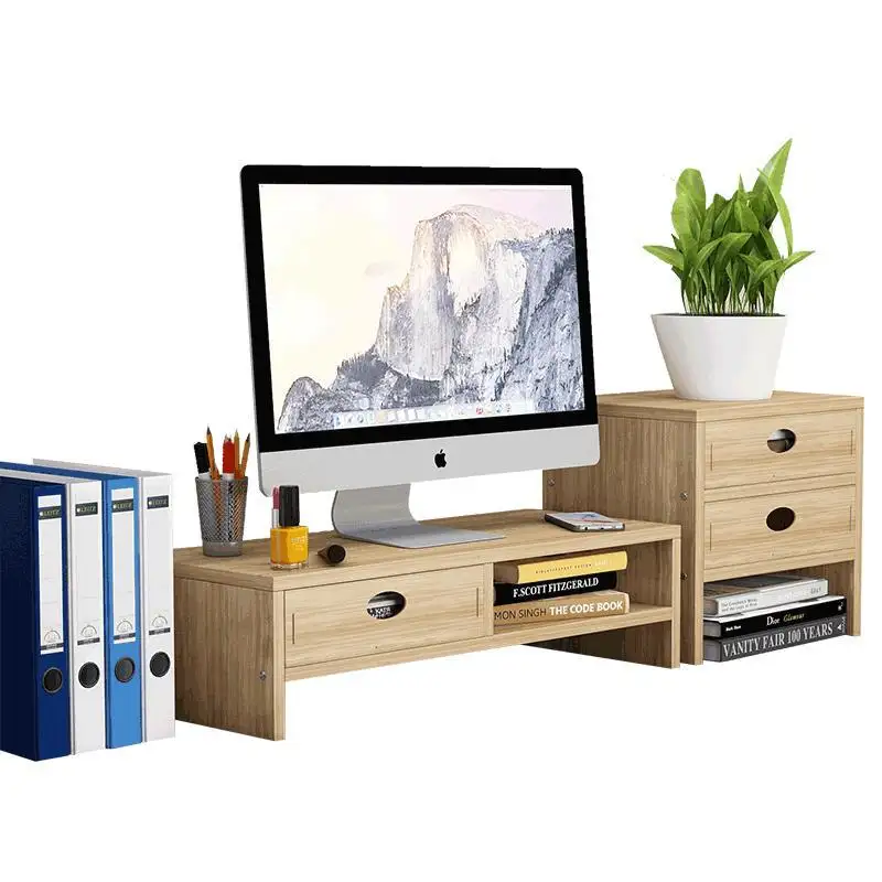 Soportes ajustables de madera para pantalla de Monitor de ordenador de escritorio organizador con 3 cajones, estante de almacenamiento para ordenador portátil/TV/PC