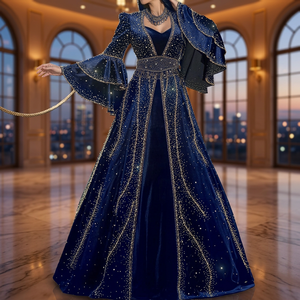 Elegante Vestido de Gala Azul Marino de Terciopelo con Cuello en V, Adornos de Cuentas, Largo hasta el Suelo, Manga Capa, Cintura Natural, Vestidos de Fiesta - Product Image 2