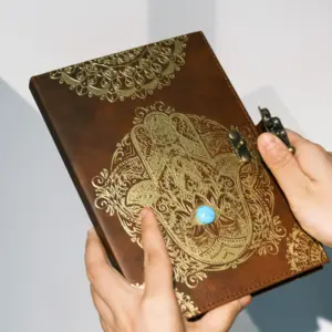 Spiritual Healing Witch Tool Karma Hamsa Hand Embossed Leather Journal with Crystal