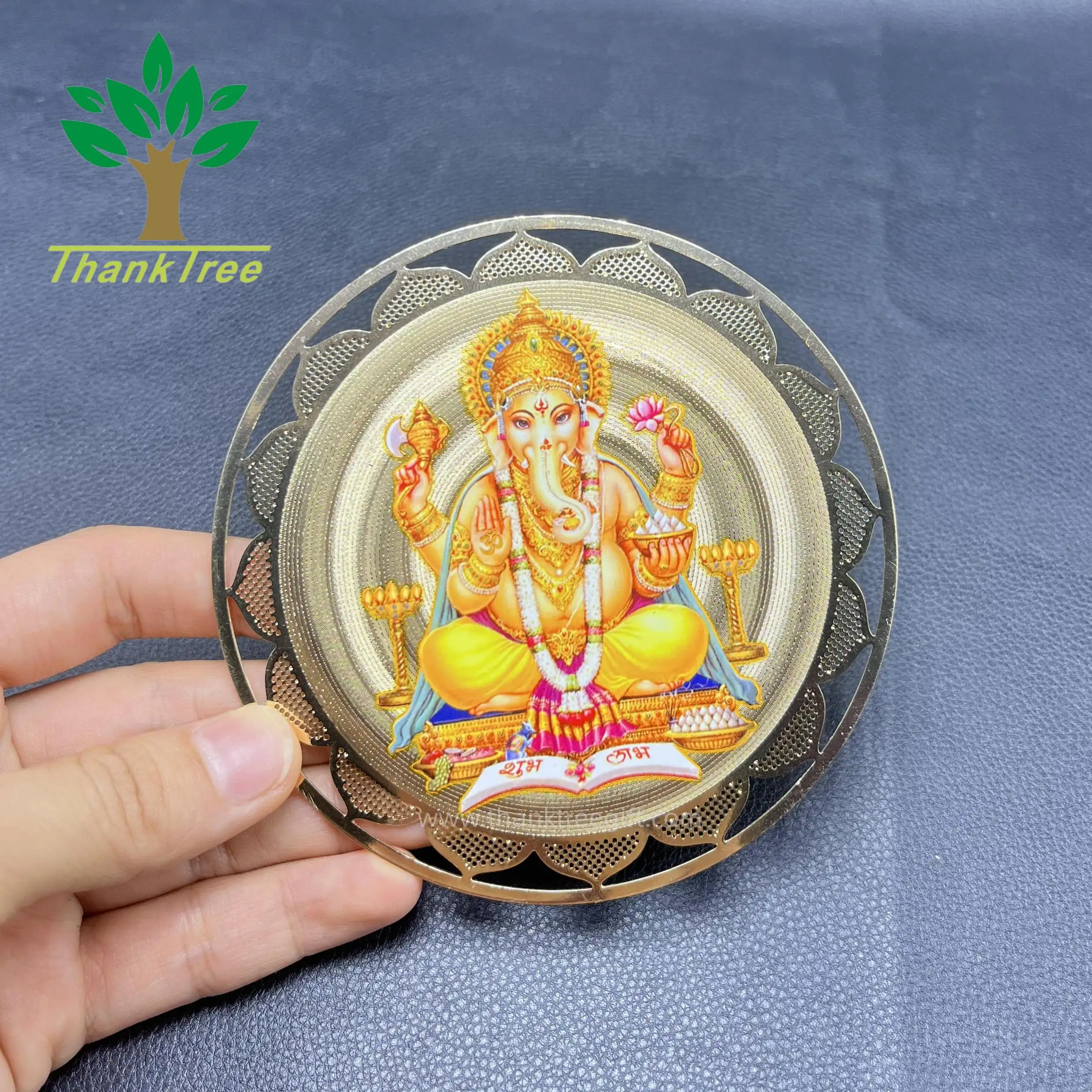 Sang trọng đầy màu sắc in ấn tôn giáo thủ công mỹ nghệ kim loại Ganesh biểu tượng mạ Vàng nhãn trong kích cỡ khác nhau