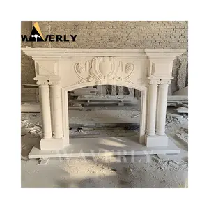 Decorative Victorian Natural Freestanding Cast Stone Fireplace Mantel Surround Luxury Beige Marble Column Fireplace
