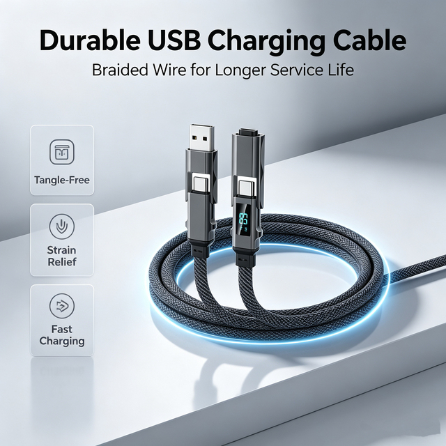 4 in 1 Digital Display PD Fast Charging Cable Nylon Braided USB-A to Type C/IPH Multi Charging Data Cable