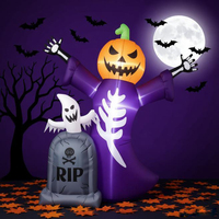 Décoration de jardin gonflable d'Halloween de 1,80 m avec tête de citrouille, squelette lumineux à LED, pierre tombale et accessoires de fête pour cimetière
