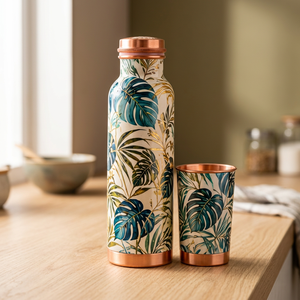 Tropical Leaf Printed Copper <b>Water</b> <b>Bottle</b> Leak Proof with Cup Set Eco Friendly Portable <b>Metal</b> Drinkware - Product Image 1