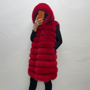 Personalizable Color y Tamaño Largo Con Capucha Rayas Rojo Real Fox <span class=keywords><strong>Fur</strong></span> Chaleco Invierno Grueso Cálido Chaleco de Piel de Mujer - Product Image 2