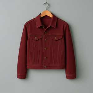 Veste en jean de haute qualité, classique, boutonnée, couleur bordeaux, en coton, style streetwear décontracté - Product Image 1