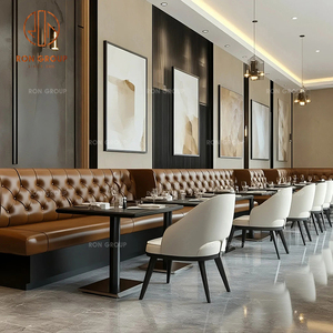 Ensemble <span class=keywords><strong>de</strong></span> meubles <span class=keywords><strong>de</strong></span> restaurant modernes Ron Group, banquettes en cuir capitonnées, chaise ergonomique en tissu, table carrée en bois - Product Image 3