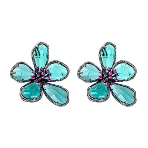 High Quality Funky Hawaiian Floral Crystal Drop Holiday For Women Large Fashion Alloy Flower Stud Earrings