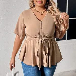 Custom flared sleeves New, blouse plus size womens blouses spring and summer comfortable casual solid color slit shirt/