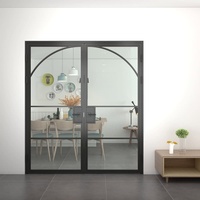 Porte intérieure double de style loft de haute qualité avec design en arche, en acier et verre, à battants, avec cadre en fer cannelé et vitrage.