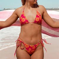 Maillot de bain bikini pour femme, coupe haute, à col licou et à nouer sur les côtés, imprimé floral, écologique, avec logo personnalisé du fabricant, vente en gros