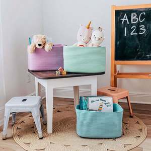 ตะกร้าผ้าห่มสีเทาและสีขาวสำหรับห้องนั่งเล่น ตะกร้าสานขนาดใหญ่สำหรับเก็บของ ตะกร้าเชือกฝ้ายมีหูหิ้ว - Product Image 3