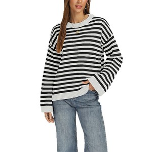 <span class=keywords><strong>Pull</strong></span> en tricot rayé horizontal pour <span class=keywords><strong>femme</strong></span>, col rond, coupe oversize, épaules tombantes, manches longues, <span class=keywords><strong>pull</strong></span> décontracté, broderie personnalisée - Product Image 5