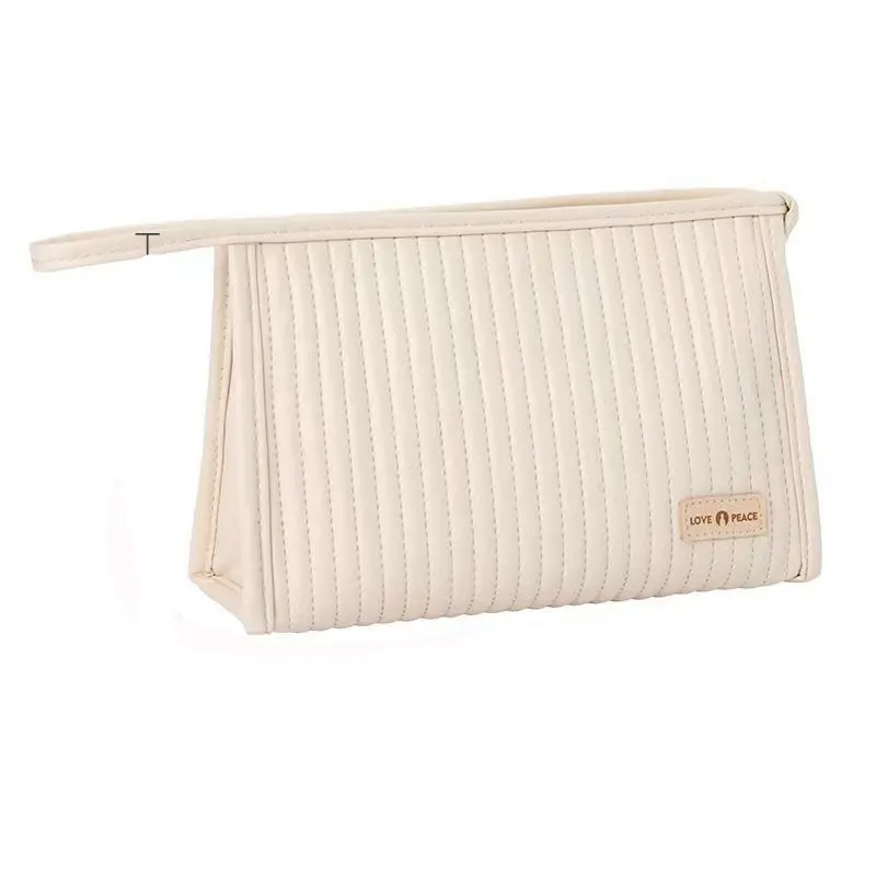 Makeup Bag Simple Cosmetic Pouch Water Resistant PU Striped Leather Portable Travel Toiletry Bag