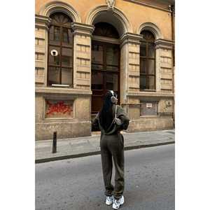 Ensemble décontracté pour femme en tricot perlé kaki, haut en tricot tissé, blazer long à imprimé à carreaux, taille XL, jupe longue à la cheville - Product Image 1