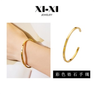 Titanium Fine Opening <b>Gemstone</b> Bangles Gold Plated Stainless Steel Zircon <b>Bracelet</b> Women Accessories - Product Image 2