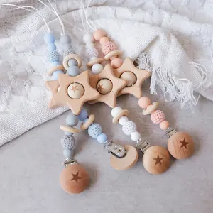 1 attache tétine personnalisée pour bébé, anneau de dentition avec perles en bois, Clip géométrique en forme d'étoile de hêtre, Clip de sucette chaîne, jouets en petites tiges,