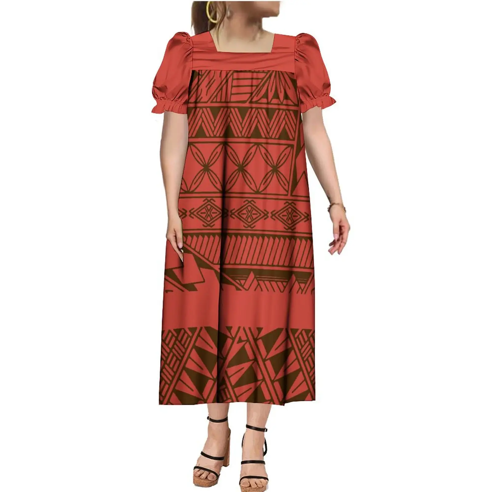 New High Quality Custom Polynesian Tribal Printed Micronesian Mumu Dress Muumuu Vintage Square Collar Puff Sleeve Puffy Dresses