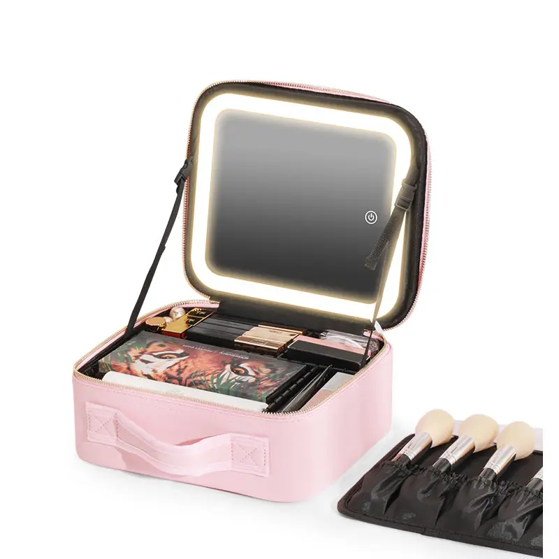 Trousse à cosmétiques éclairée organisateur de maquillage maquillage avec boîte de rangement à lumière LED sac de courtoisie de voyage avec miroir