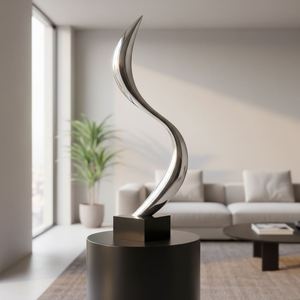 Sculpture abstraite en acier inoxydable poli miroir, forme de flamme incurvée, art métallique moderne pour la décoration de hall d'hôtel, villa, espace de vie - Product Image 2