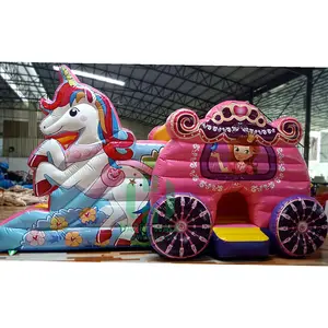 Unicorn Mimpi Merah Muda Putri Inflatable Kereta Bouncer untuk Gadis Inflatable Bouncy Puri dengan Slide Inflatable Puri Bouncer