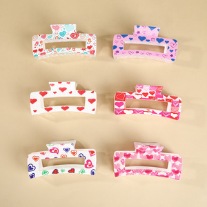 PS Plastic Hollow Rectangle Heart Print <b>Hair</b> Claw Clips Sweet Bow Pattern Non Slip <b>Hair</b> Grab Clips Elegant <b>Hair</b> <b>Accessories</b> For - Product Image 1