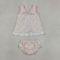 Combinaison d'été pour bébés filles, imprimé floral, smockée, broderie de petites fleurs sauvages, manches bouffantes, vêtements mignons en une seule pièce