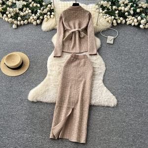 Conjunto de Dos Piezas para Mujer, Elegante, Otoño Invierno, Top de Punto <span class=keywords><strong>con</strong></span> Estampado Geométrico y Cintura Ajustable <span class=keywords><strong>con</strong></span> <span class=keywords><strong>Falda</strong></span> a Juego - Product Image 6
