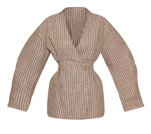 OEM Custom Striped <b>Linen</b> Blend Wrap Blazer V Neck Long Sleeve Loose Fit Casual 2 Piece Set Spring Summer Breathable Comfortable - Product Image 2