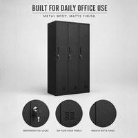 Armoire de rangement métallique robuste à 3 portes en acier noir mat avec poignée encastrée, aérations et serrure à clé pour bureau