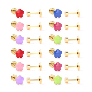 Lot de 12 paires de boucles d'oreilles tendance pour filles en acier inoxydable, plaqué or 18 carats, petites clous d'oreilles avec fleurs en émail colorées, idéal pour un cadeau d'enfant - Product Image 1