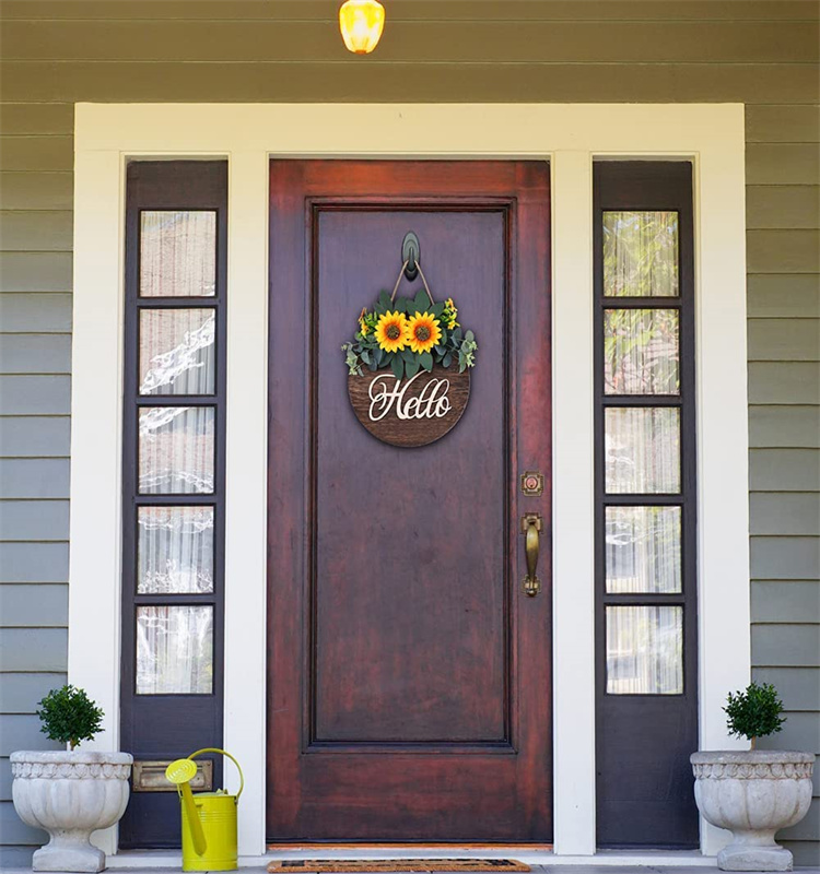 Wooden plaque Hello Sign Welcome Wreaths  with Flower for Front Door indoor  outdoor  decoration