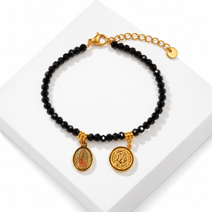 <b>Black</b> Bead Charm <b>Bracelet</b>, Stainless Steel, <b>Black</b> Beads, <b>and</b> Decal, 18K <b>Gold</b> Vacuum Plated, <b>Gold</b> Color - Product Image 1