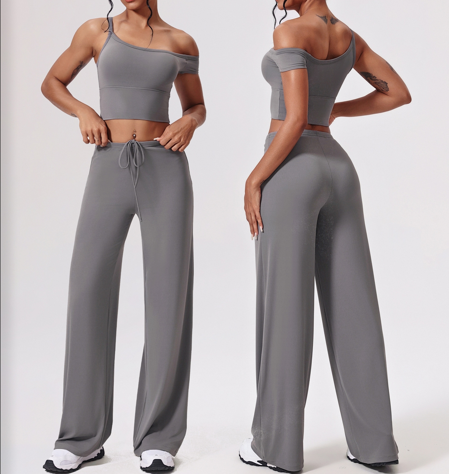 Nude Yoga Wear Off-the-shoulder Tight Quick-drying Fitness Wear Sets Loose Casual Straight-leg Pants Sportswear Set for Women