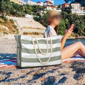 High Quality <b>Large</b> <b>Canvas</b> Shoulder Beach Tote Bag With Cotton Rope Handle <b>Plain</b> Striped Zipper Closure Custom Logo - Product Image 6