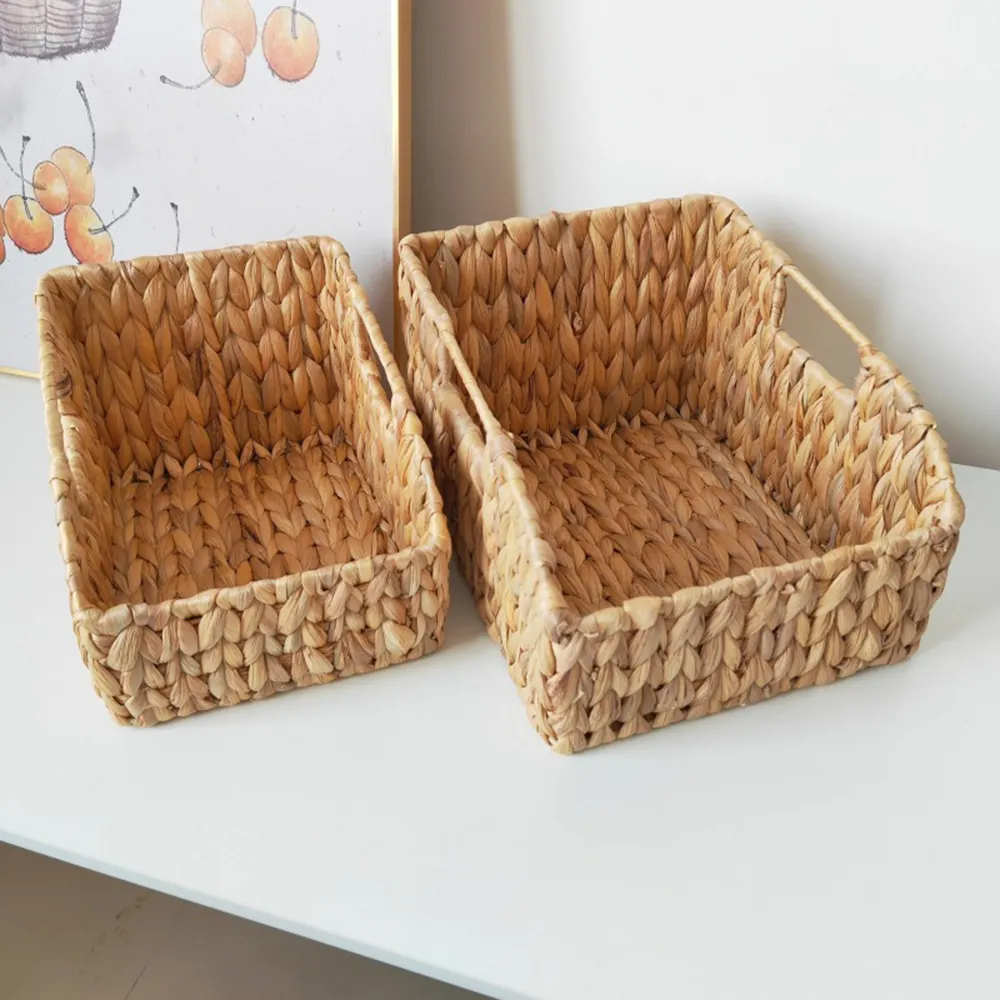 Eco-Vriendelijke Geweven Ondiepe Pantry Voedsel Opslag Mand Organizer Bin Water Hyacint Picknickmand Met Handig Handvat