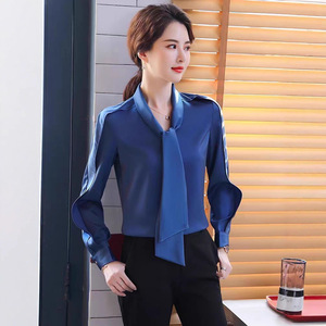 Women's Long Sleeve Shirt Red Solid Color <b>Wrap</b> Tie Office Blouse Polyester Spring Autumn Fashion Top - Product Image 3