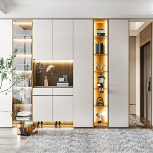 Meuble à chaussures moderne en bois sur mesure avec porte-manteau intégré, organisateur autoportant pour salon et couloir avec tiroir et étagère - Product Image 1