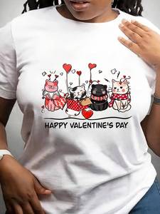 T-shirt con stampa gatto e lettera d'amore per San Valentino, manica corta, girocollo, 100% cotone jersey, unisex, casual, primavera estate - Product Image 1