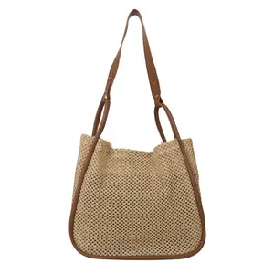 Custom Logo Printed Zipper Bag Pocket Cute Woman Luxury Handbag Shoulder Straw Beach Tote Bag with Purse