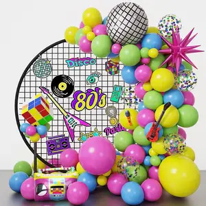 90s 80s Theme Party Decorations 107Pcs Balloon Arch Kit 5PCS Inflatable Disco Ball Microphone Rainbow Roller Skate Boom