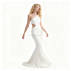 Vestido maxi de sirena <span class=keywords><strong>blanco</strong></span> de un hombro para mujer con corte lateral y tren plisado, elegante vestido formal para fiesta y boda - Product Image 2