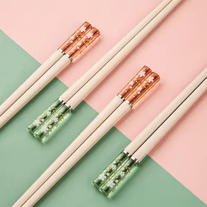 Japanse Stijl Herbruikbaar Antislip Kersenbloemenontwerp Roze Groen 5 Paar Legering Glasvezel Eetstokjes Cadeau Set