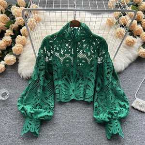 Blusa Corta de Moda para Mujer con Cuello de Encaje, Manga Abullonada y Corte Holgado Sexy - Product Image 5