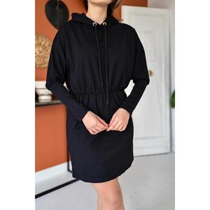 Vestido Sudadera con Capucha Negro, Cintura Elástica, Tejido Holgado y Transpirable, Ropa Casual - Product Image 1