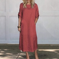 Robe mi-longue vintage en lin, coupe ample, col rond, manches à revers, tenue décontractée d'été pour femme 2026