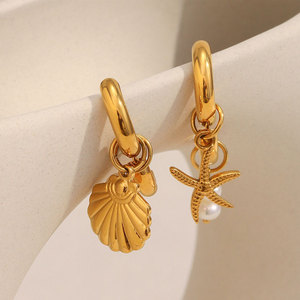 Boucles d'oreilles pendantes asymétriques Hawaïennes en acier inoxydable 316L plaqué or 14k 18k avec perles et étoiles de mer pour femme - Product Image 3