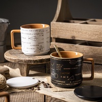 Mug avec couvercle, grande capacité, tasse en céramique, design vintage noir haut de gamme, luxe léger, motif mathématique unisexe, tasse à café et à eau