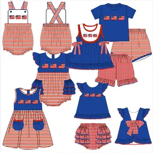 Wholesale little girl clothes flutter sleeve america flag embroidery smocking July 4th girl outfits custom children clothing